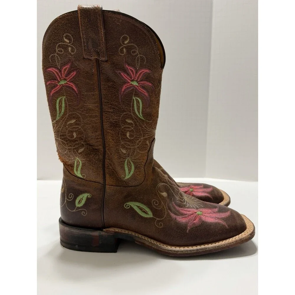 Tony Lama San Saba Boots Womens 7.5 B Brown Floral Square Toe Handcrafted - Picture 4 of 11